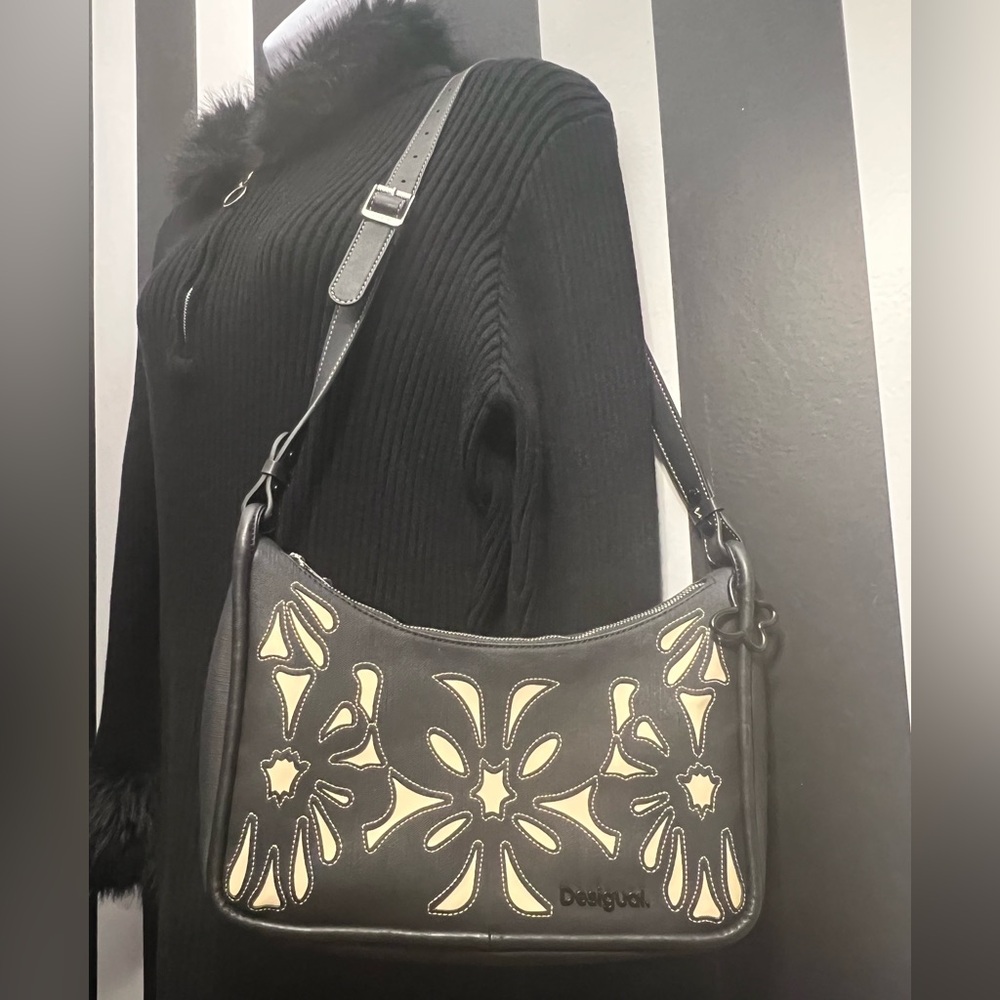 Desigual Black and Cream Shoulder Bag with Cutout Flower Details